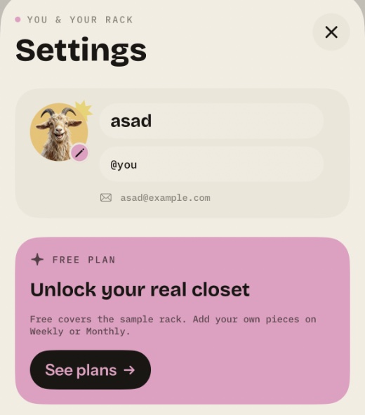 Profile and free plan screen