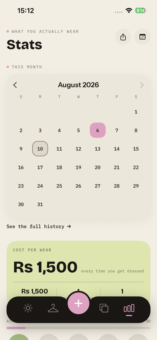 Stats screen with a calendar of wears and cost per wear